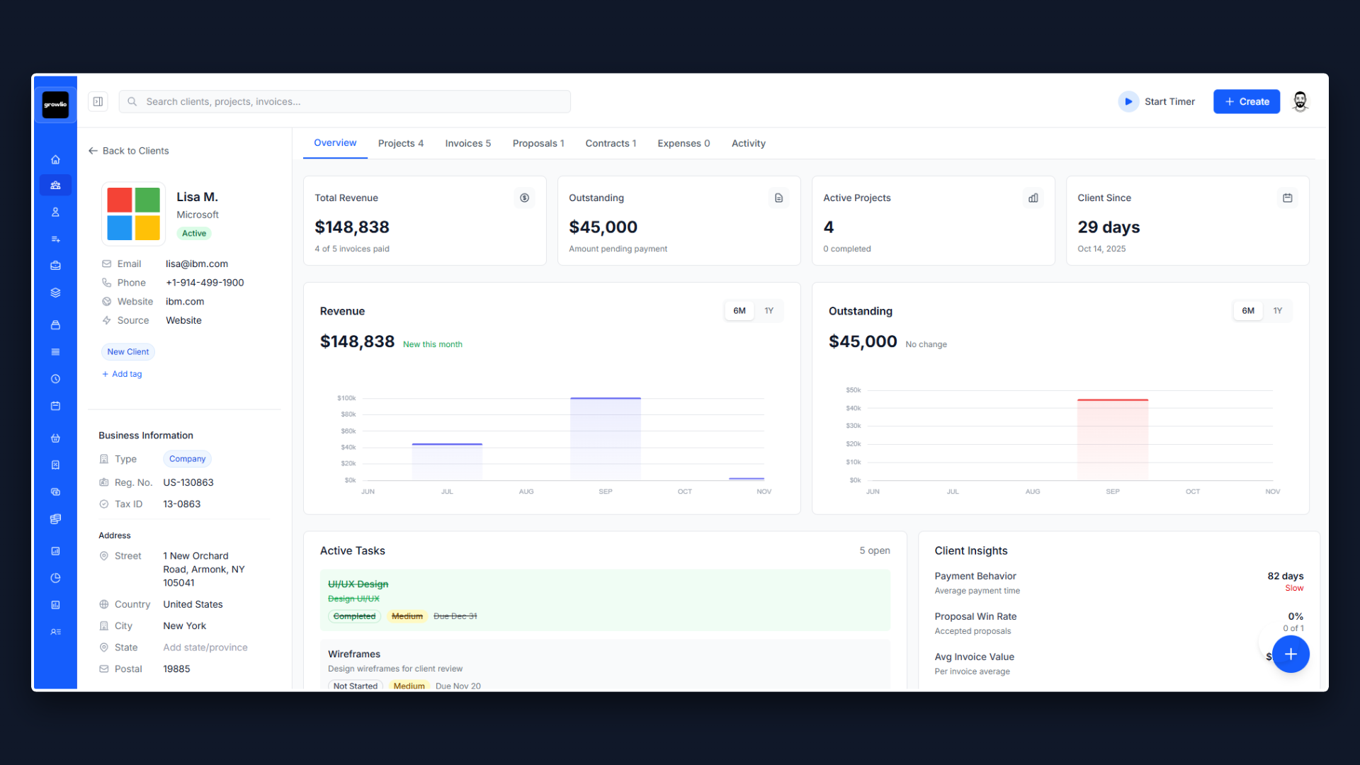 Clients interface showing manage all your clients in one place