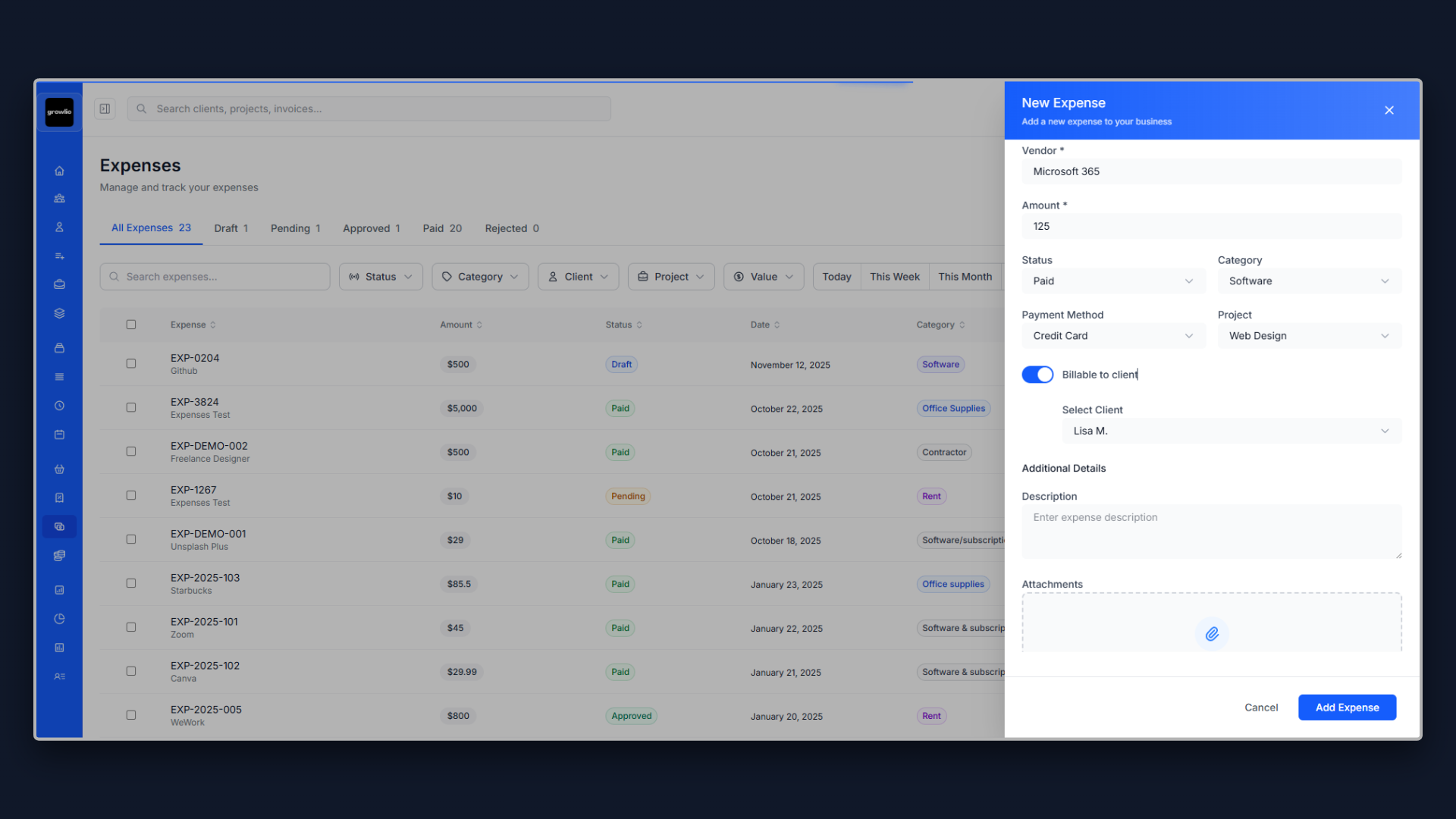Expenses interface showing track every business expense