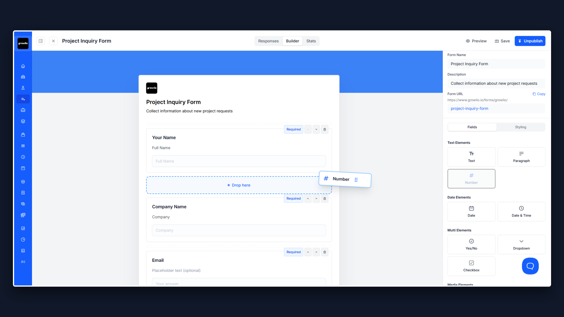 Forms interface showing collect information with custom forms