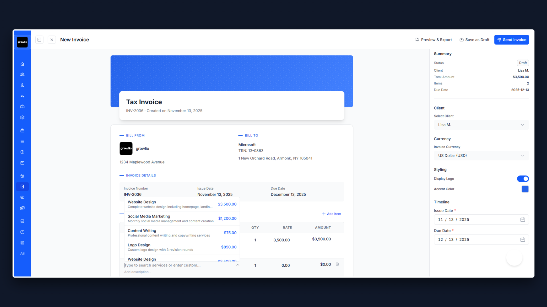 Invoicing interface showing get paid faster with professional invoices