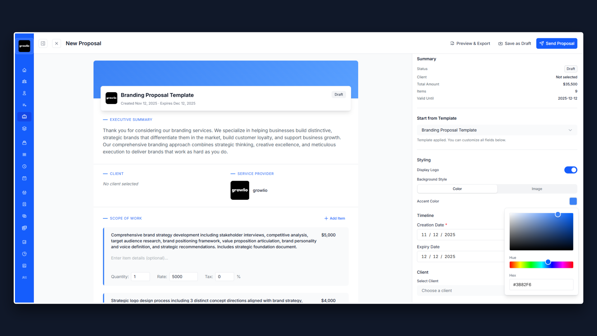 Proposals interface showing win more work with stunning proposals